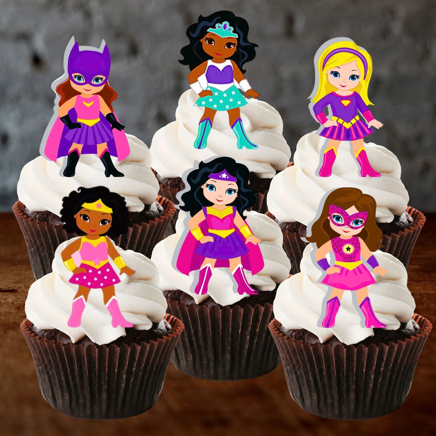 Superhero Girl Pink Theme Edible Cupcake Toppers on chocolate cupcakes with white frosting