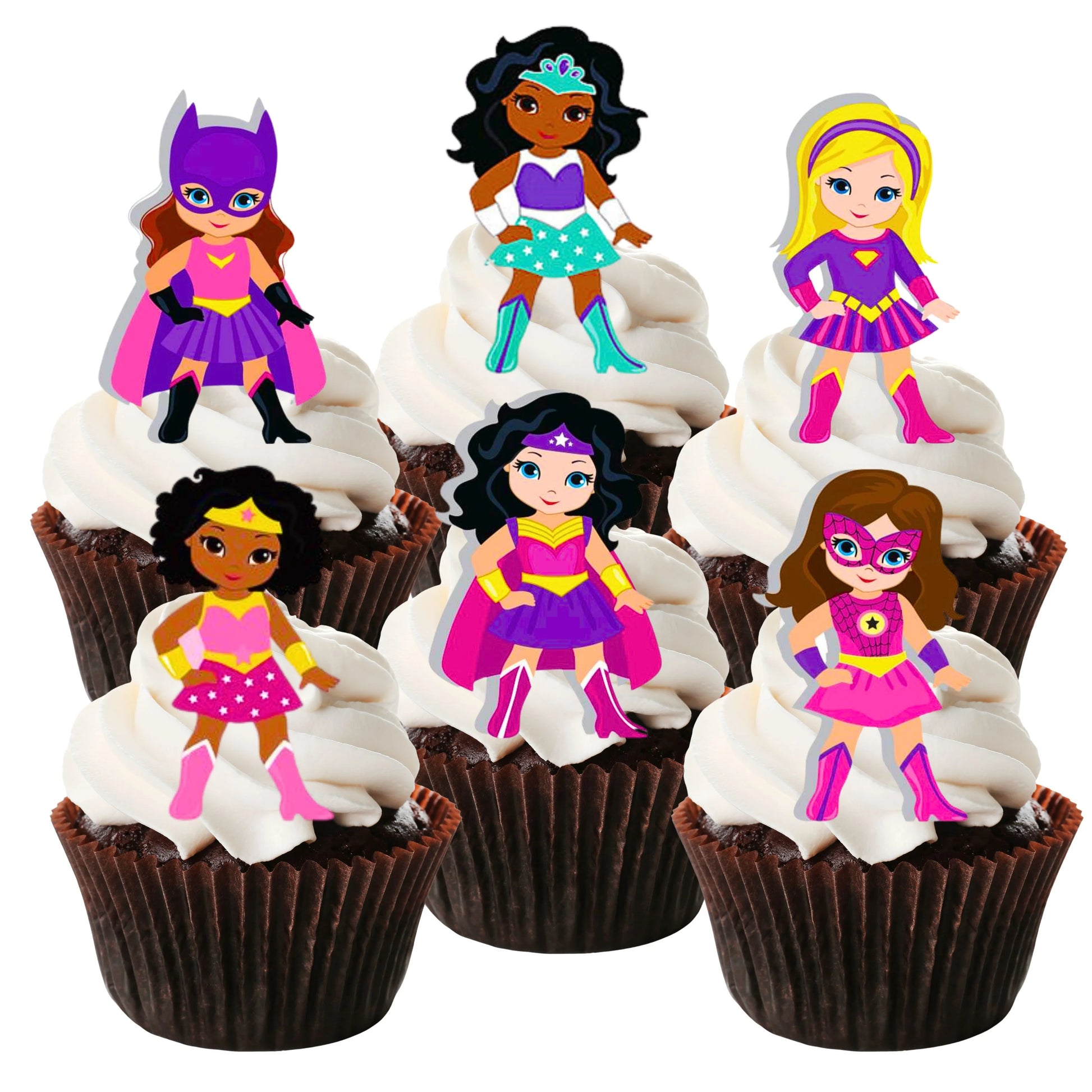 Superhero Girl Pink Theme Edible Cupcake Toppers on chocolate cupcakes with white frosting