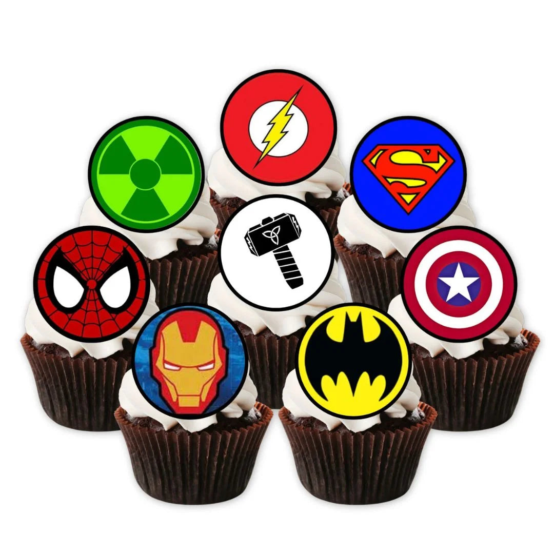 Superhero Theme Edible Cupcake Toppers on chocolate cupcakes with white frosting 