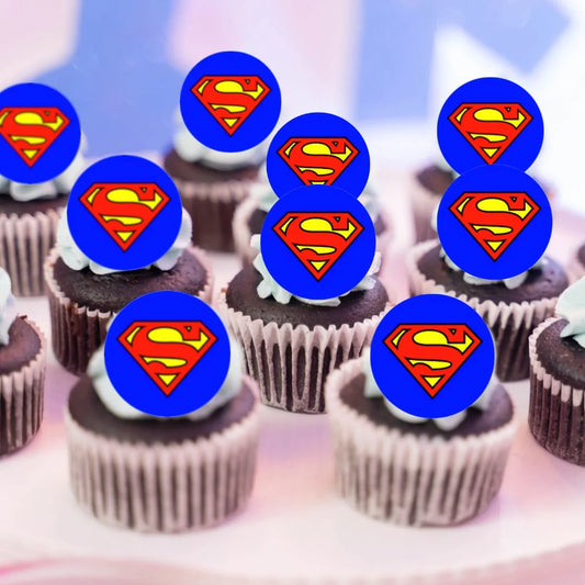 Superman Themed Edible Cupcake Toppers on chocolate frosted cupcakes