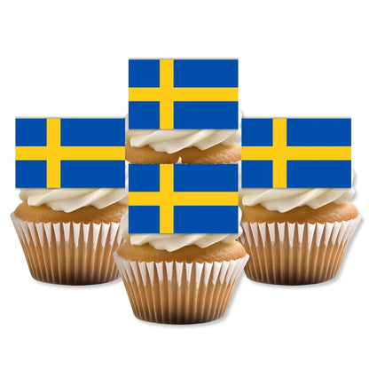 Sweden Flag Edible Cupcake Toppers on white frosted cupcakes