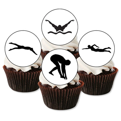 Swimming Silhouette Edible Cupcake Toppers on chocolate cupcakes with white frosting 