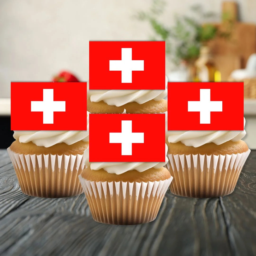 Switzerland Flag Edible Cupcake Toppers on white frosted cupcakes