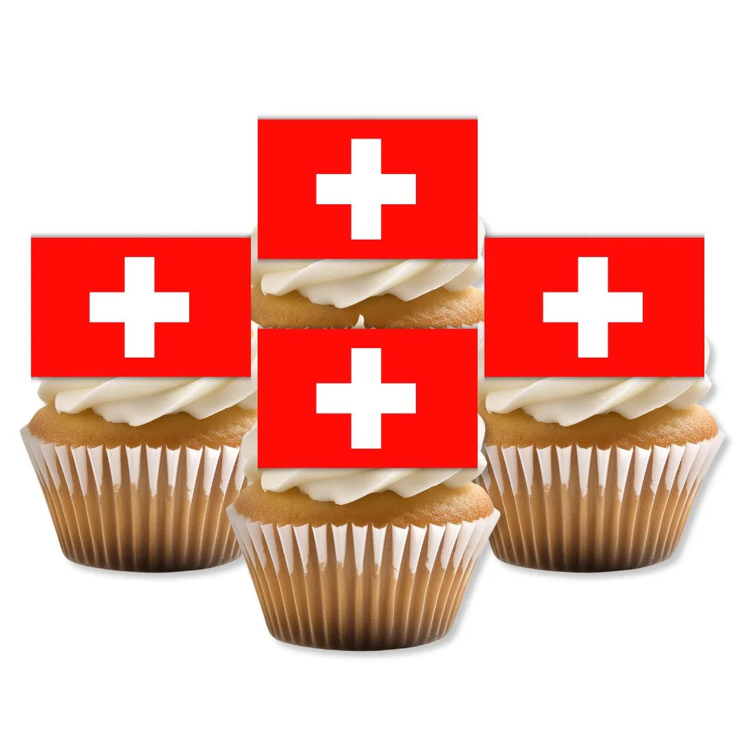 Switzerland Flag Edible Cupcake Toppers on white frosted cupcakes