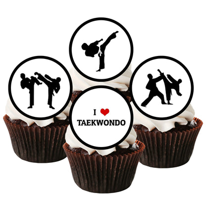 Edible Taekwondo Cupcake Toppers on chocolate cupcakes with white frosting