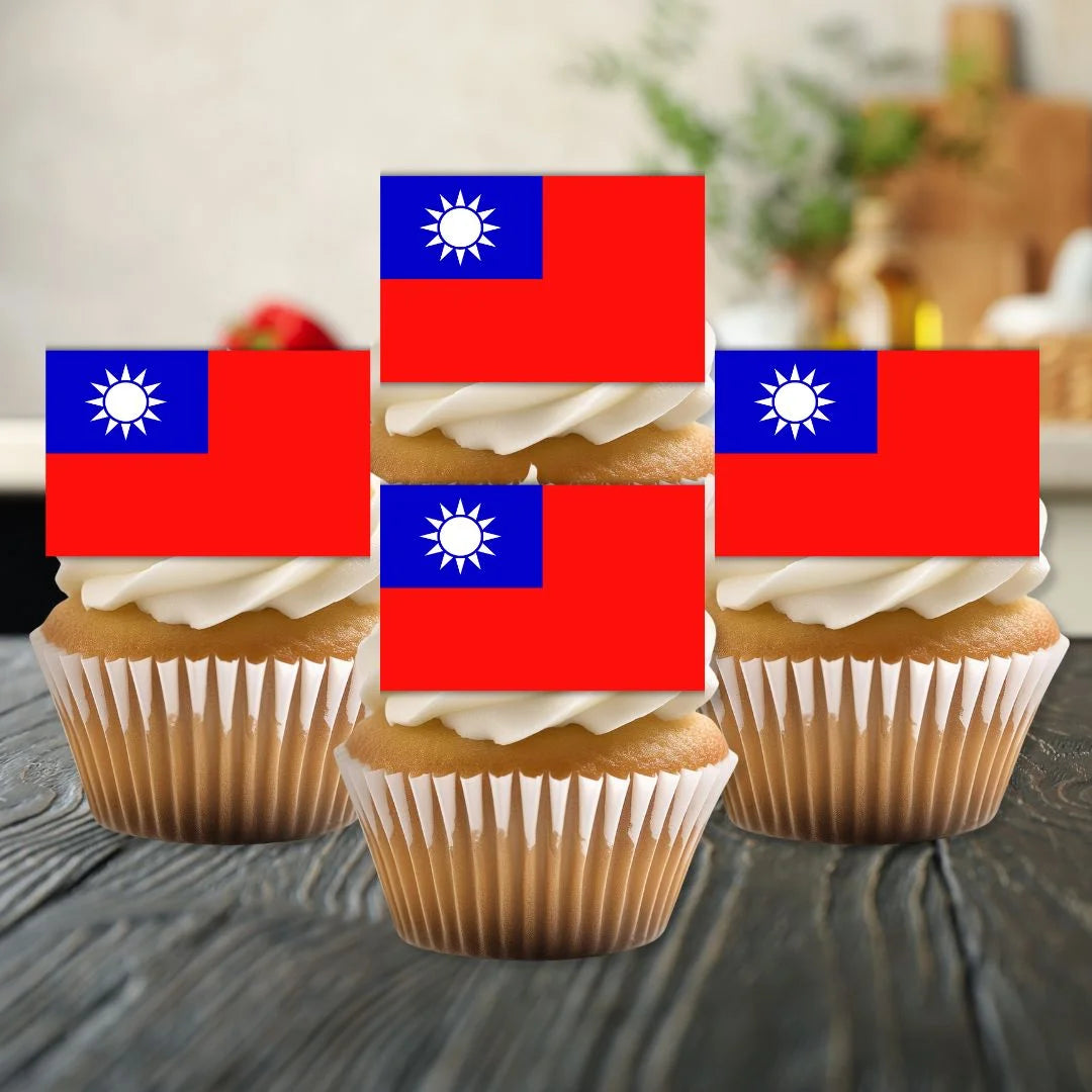 Taiwan Flag Edible Cupcake Toppers on white frosted cupcakes