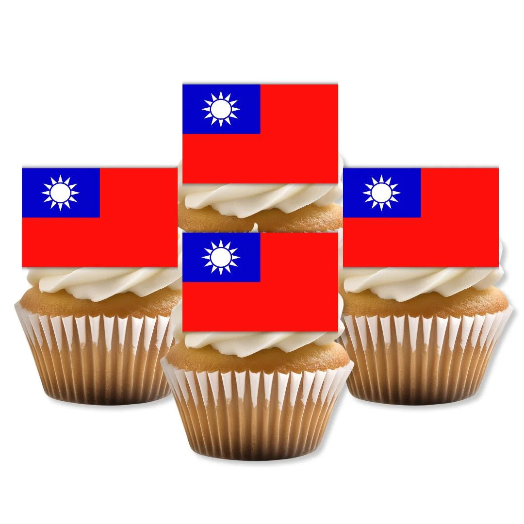 Taiwan Flag Edible Cupcake Toppers on white frosted cupcakes