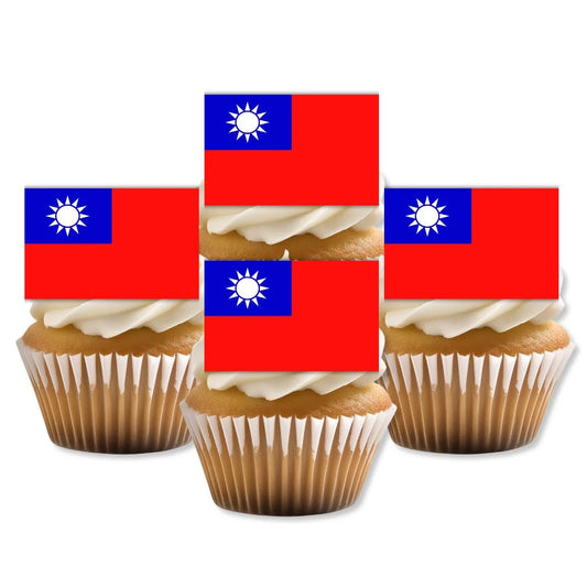 Taiwan Flag Edible Cupcake Toppers on white frosted cupcakes