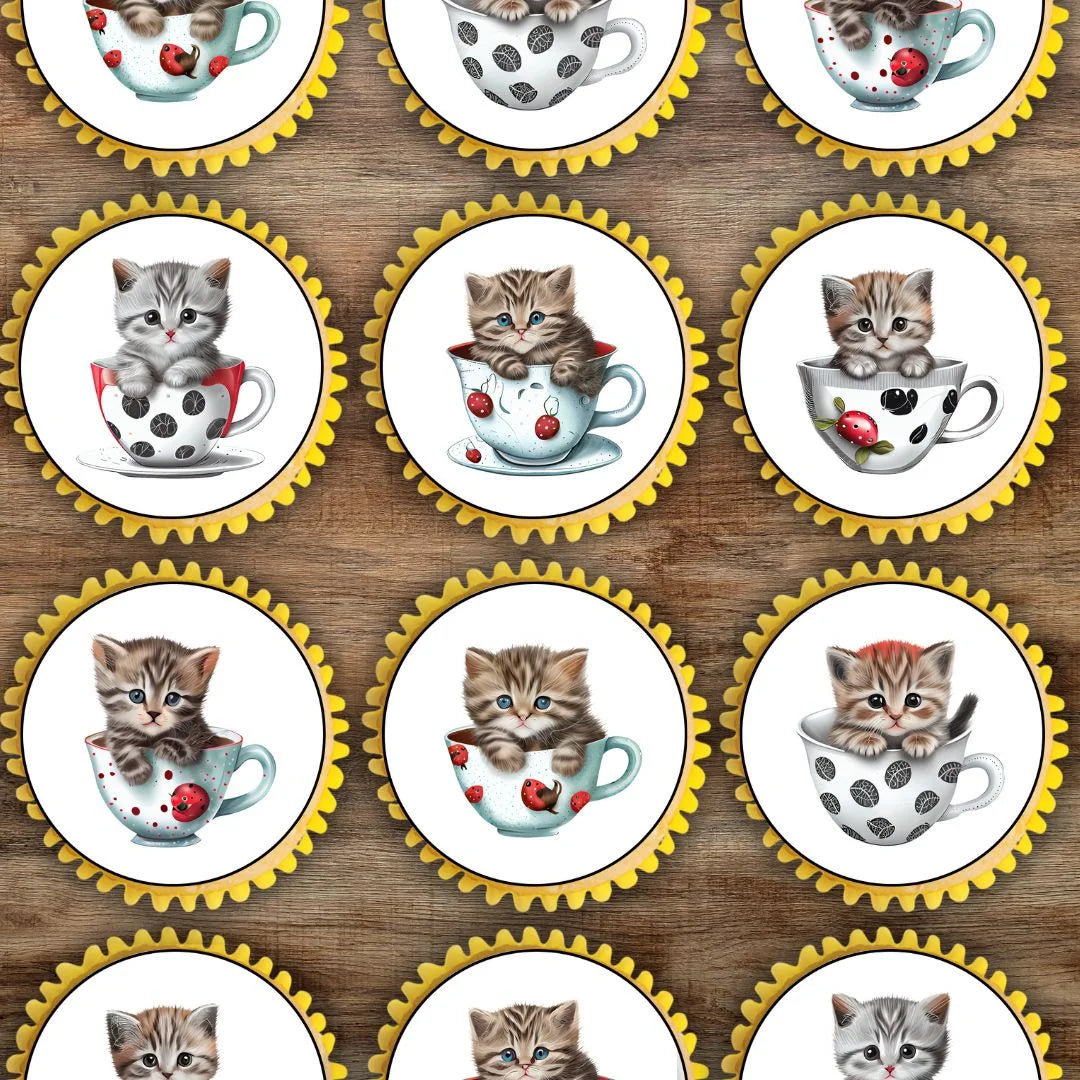 top view of cian's cupcake toppers featuring cute cats in tea cups 