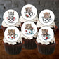  cupcakes with white frosting and illustrated cupcake toppers featuring cute cats in tea cups. 