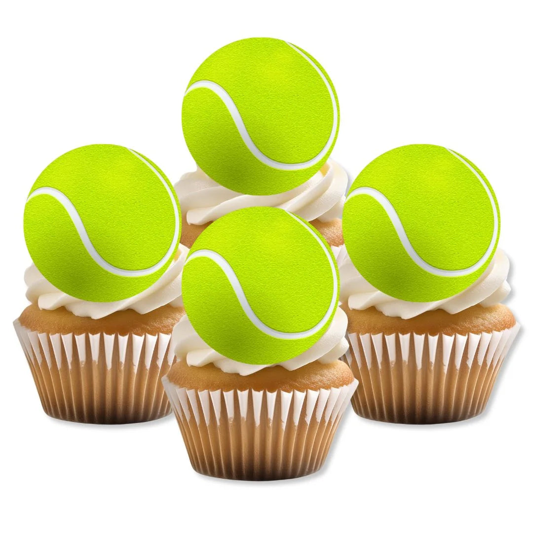 Tennis Ball Edible Cupcake Toppers on cupcakes with white frosting 