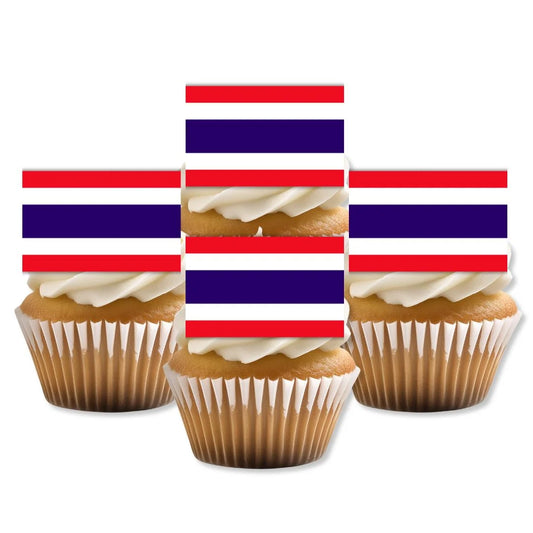 Thailand Flag Edible Cupcake Toppers on white frosted cupcakes