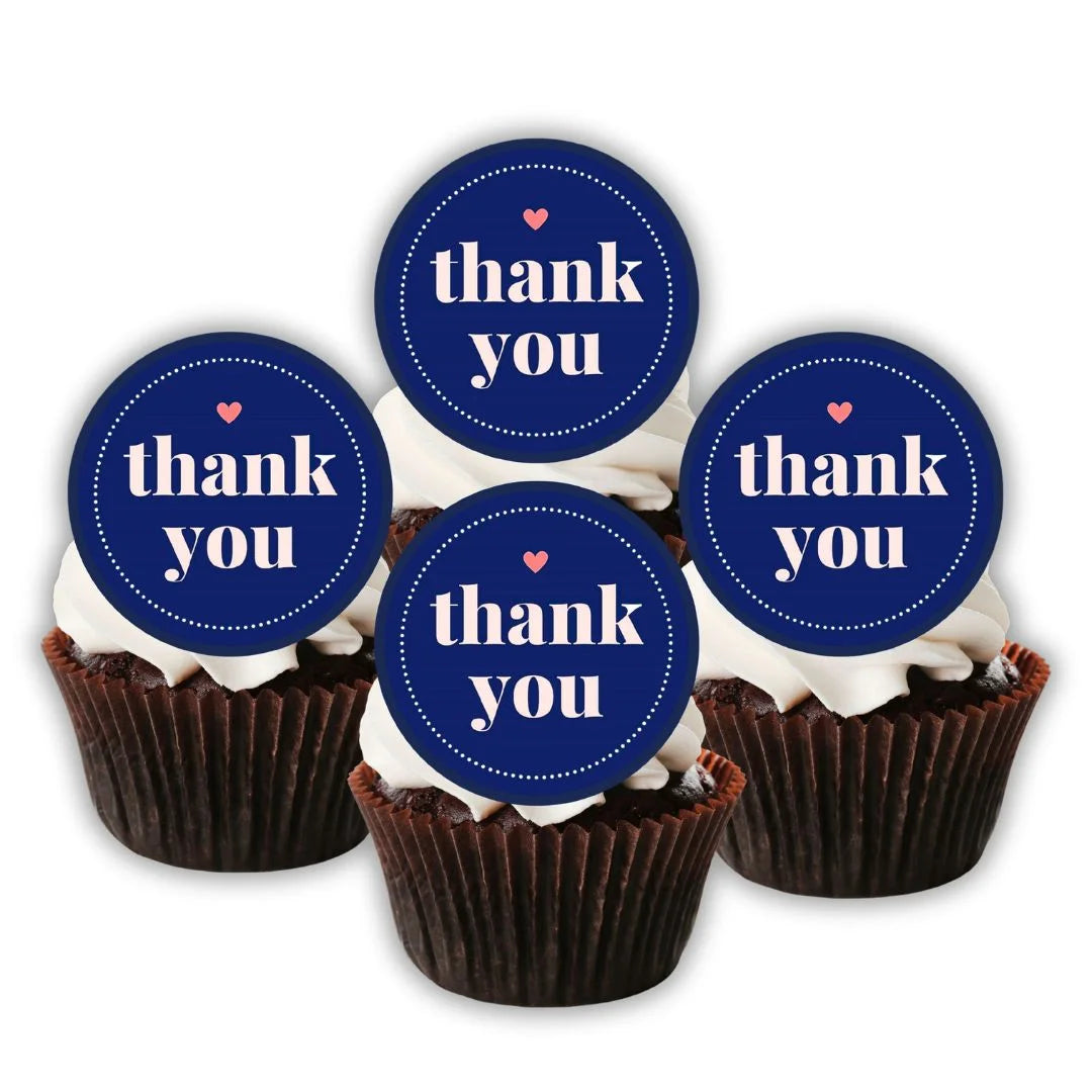 Thank You Blue Edible Cupcake Toppers on chocolate cupcakes with white frosting 