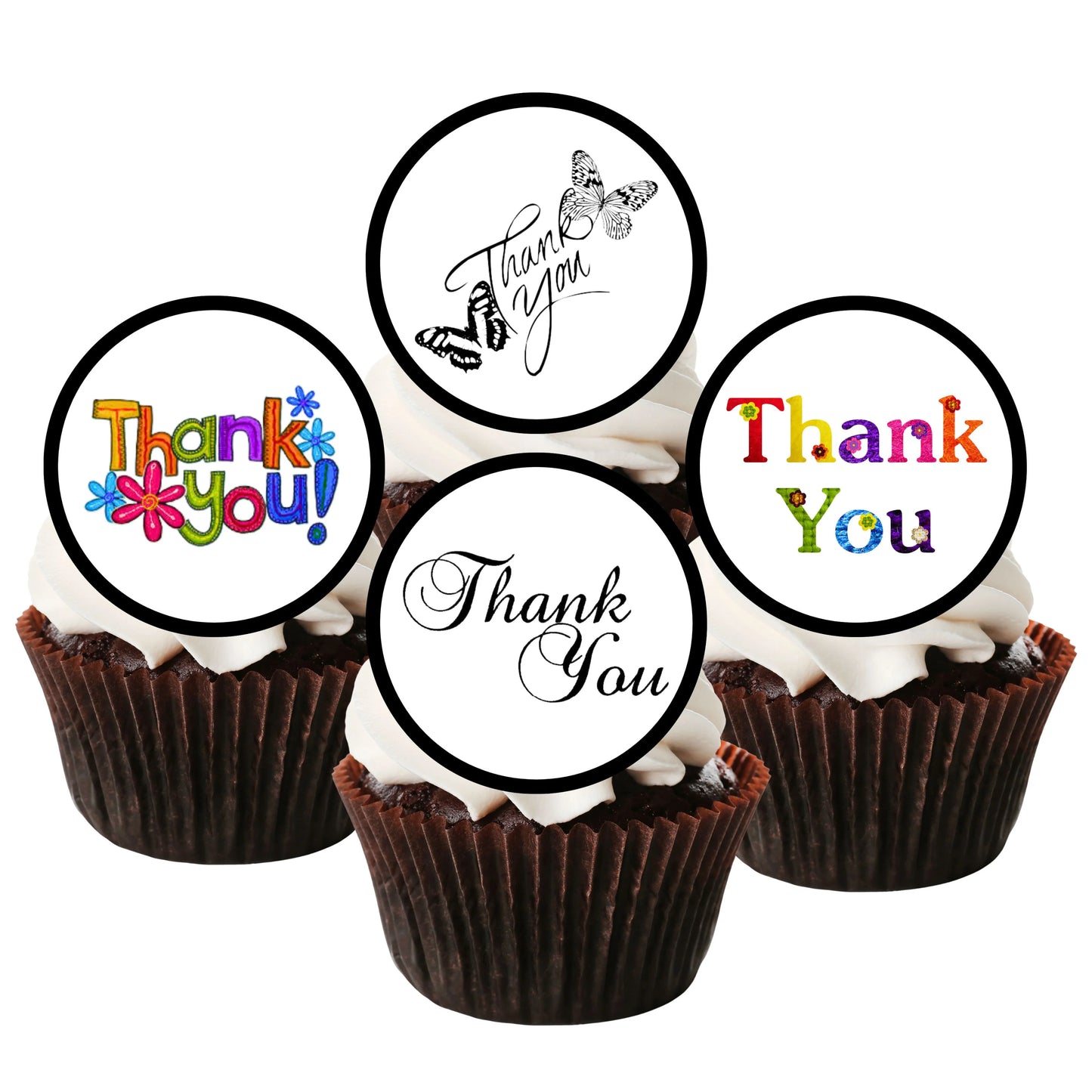 Thank You Mix Edible Cupcake Toppers on chocolate cupcakes with white frosting.