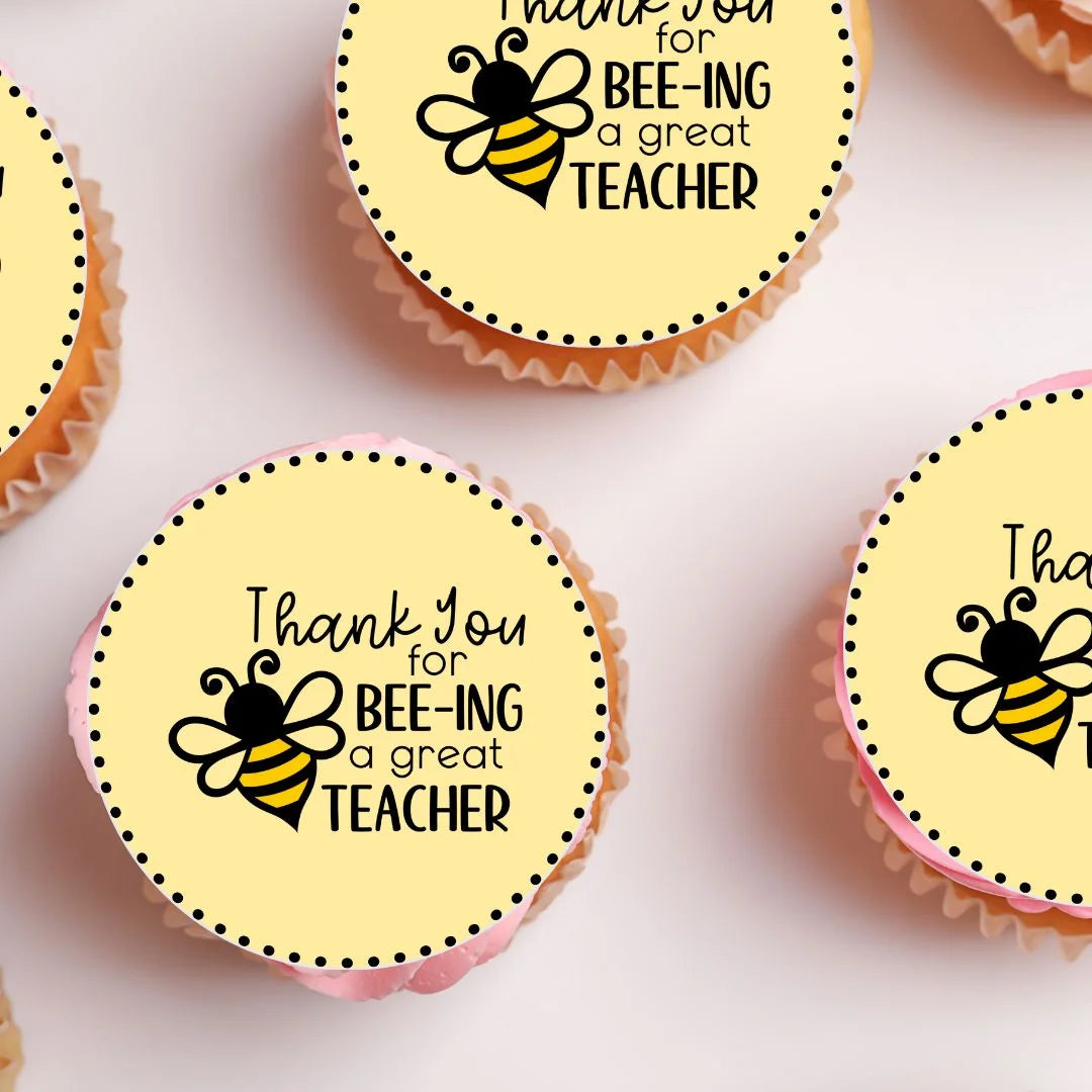 Thank You  for bee-ing a great Teacher Edible Cupcake Toppers with a cute bee design on white frosted cupcakes