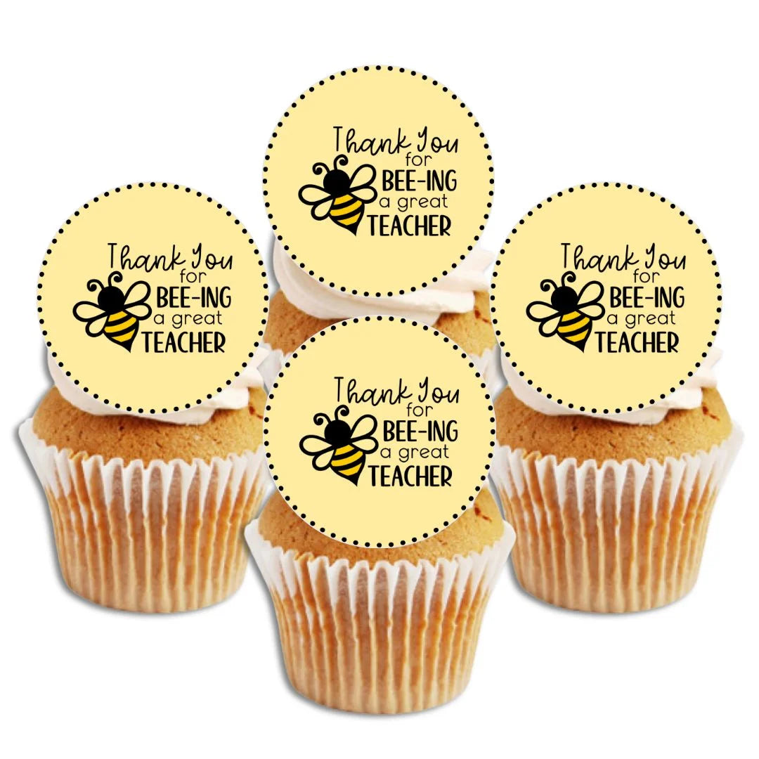 Thank You  for bee-ing a great Teacher Edible Cupcake Toppers with a cute bee design on white frosted cupcakes