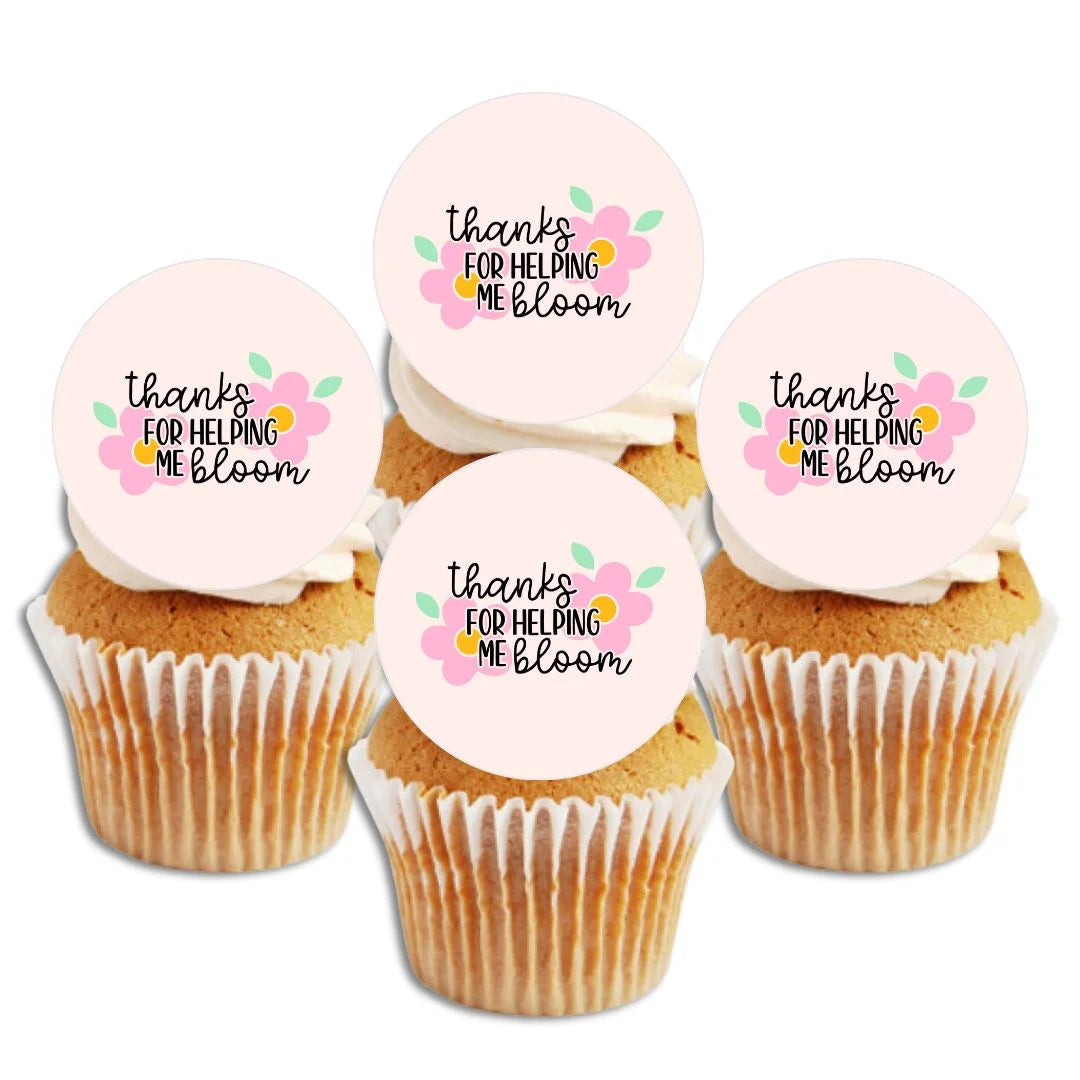 pink floral Thank You For Helping Me Bloom Flower Edible Cupcake Toppers on white frosted cupcakes