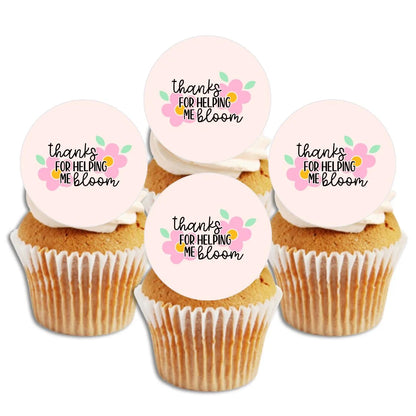 pink floral Thank You For Helping Me Bloom Flower Edible Cupcake Toppers on white frosted cupcakes