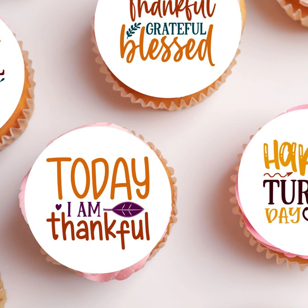 Thanksgiving Blessed Edible Cupcake Toppers on cupcakes with pink frosting 