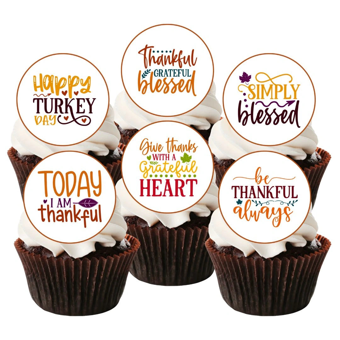 Thanksgiving Blessed Edible Cupcake Toppers on chocolate cupcakes with white frosting 