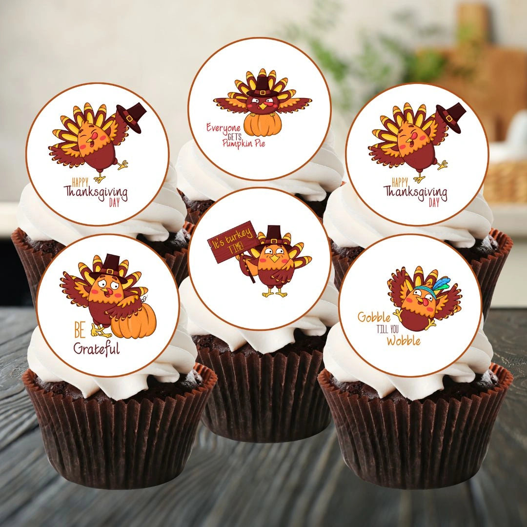 Thanksgiving Birds Edible Cupcake Toppers on chocolate cupcakes with white frosting 