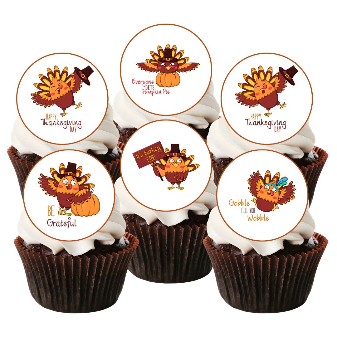 Thanksgiving Birds Edible Cupcake Toppers on chocolate cupcakes with white frosting 