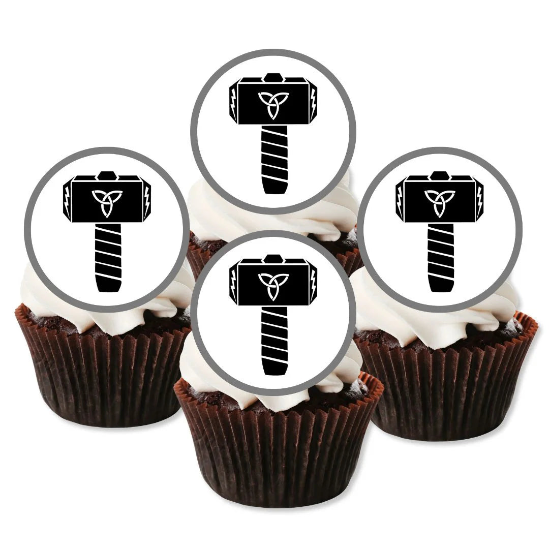 Thor Themed Edible Cupcake Toppers on chocolate cupcakes with white frosting