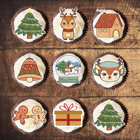 Traditional Christmas Cupcake Toppers on white frosted cupcakes 