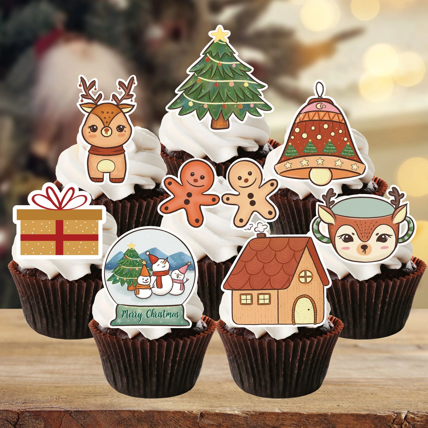 Traditional Christmas Cupcake Toppers on white frosted cupcakes 