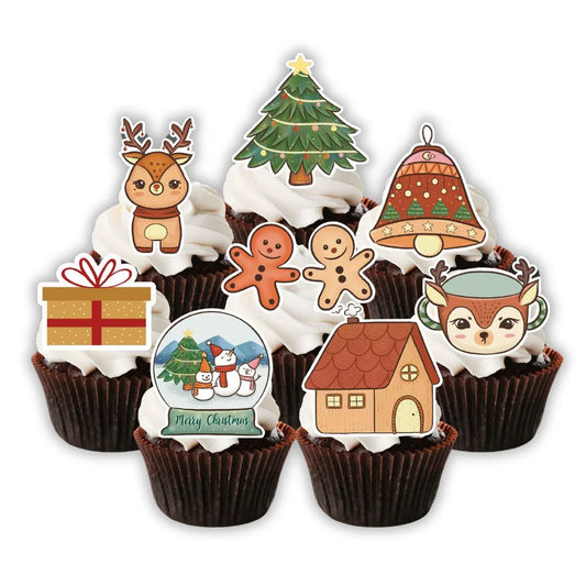 Traditional Christmas Cupcake Toppers on white frosted cupcakes 