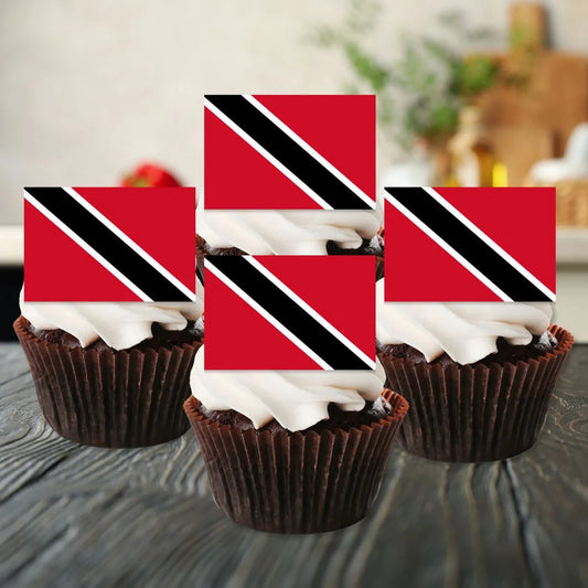 Trinidad & Tobago Flag Edible Cupcake Toppers on chocolate cupcakes with white frosting