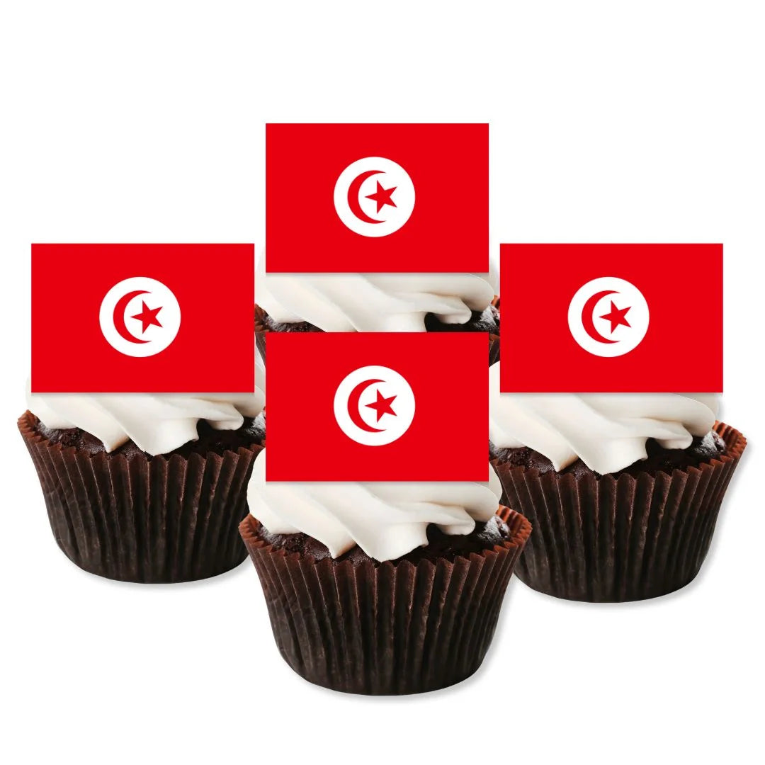 Tunisia Flag Edible Cupcake Toppers on chocolate cupcakes with white frosting 