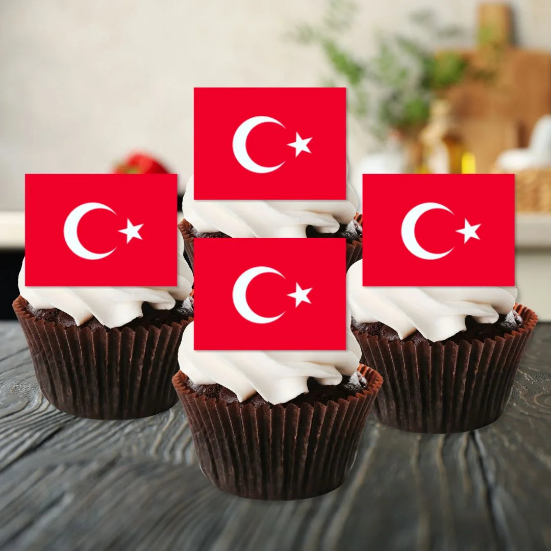 Turkey Flag Edible Cupcake Toppers on chocolate frosted cupcakes