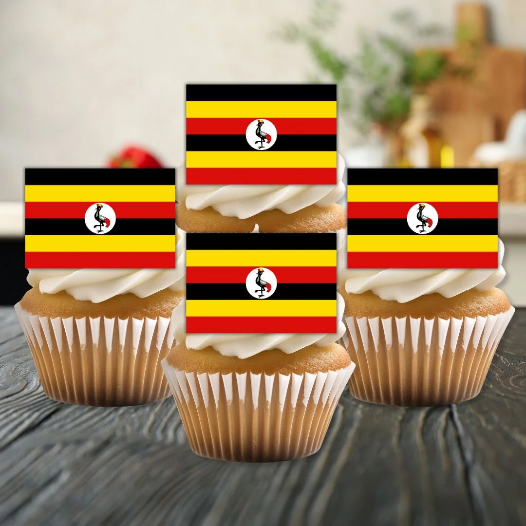 Uganda Flag Edible Cupcake Toppers on white frosted cupcakes