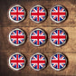 top view of union jack British Flag Round Edible Cupcake Toppers on cupcakes with white frosting 