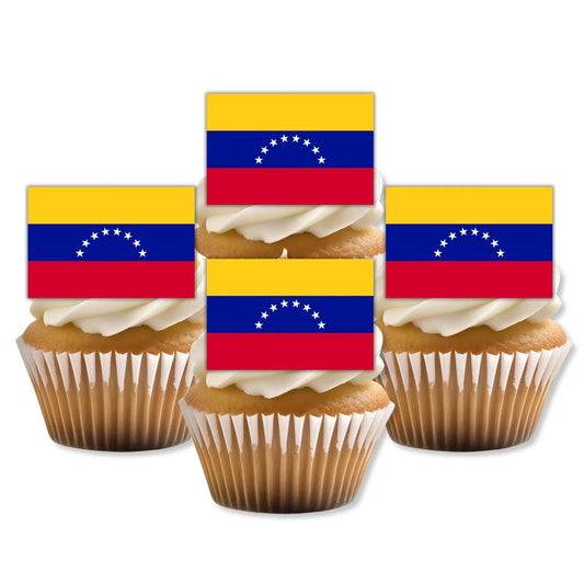 Venezuela Flag Edible Cupcake Toppers on white frosted cupcakes