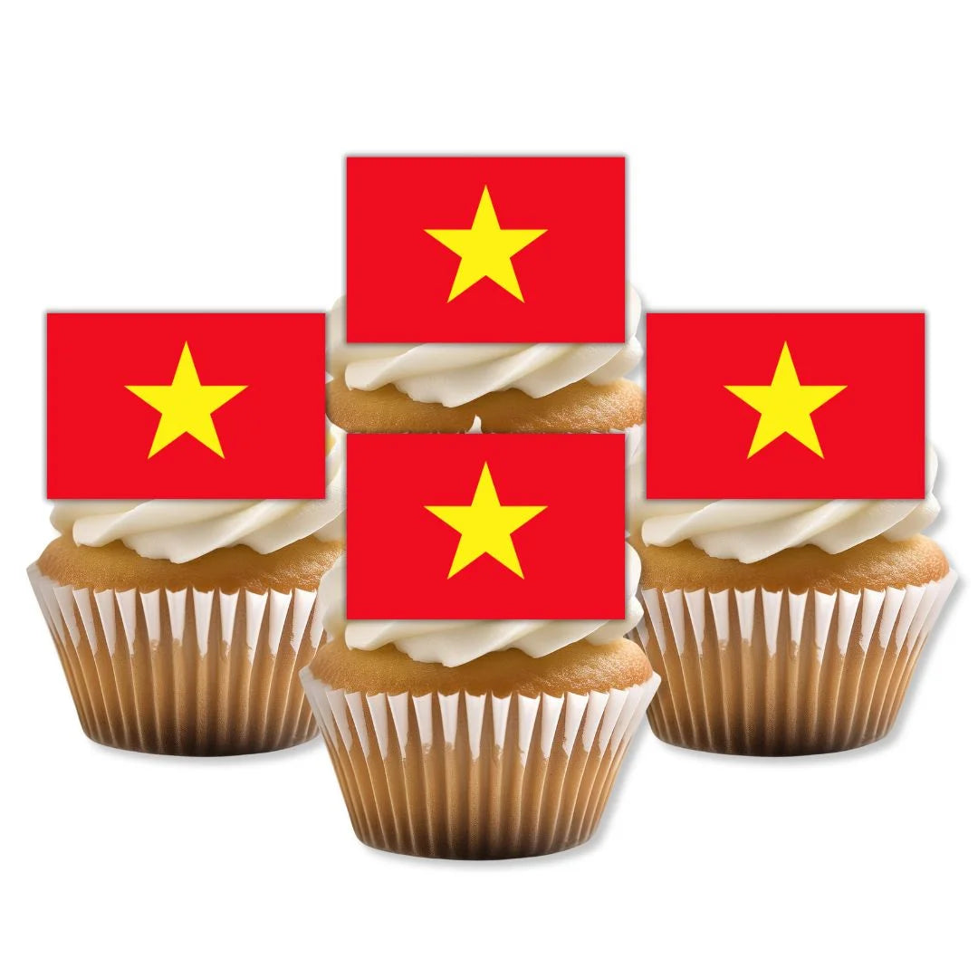 Vietnam Flag Edible Cupcake Toppers on white frosted cupcakes