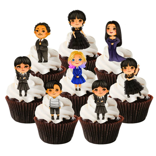 Wednesday theme Edible Cupcake Toppers on chocolate cupcakes with white frosting 