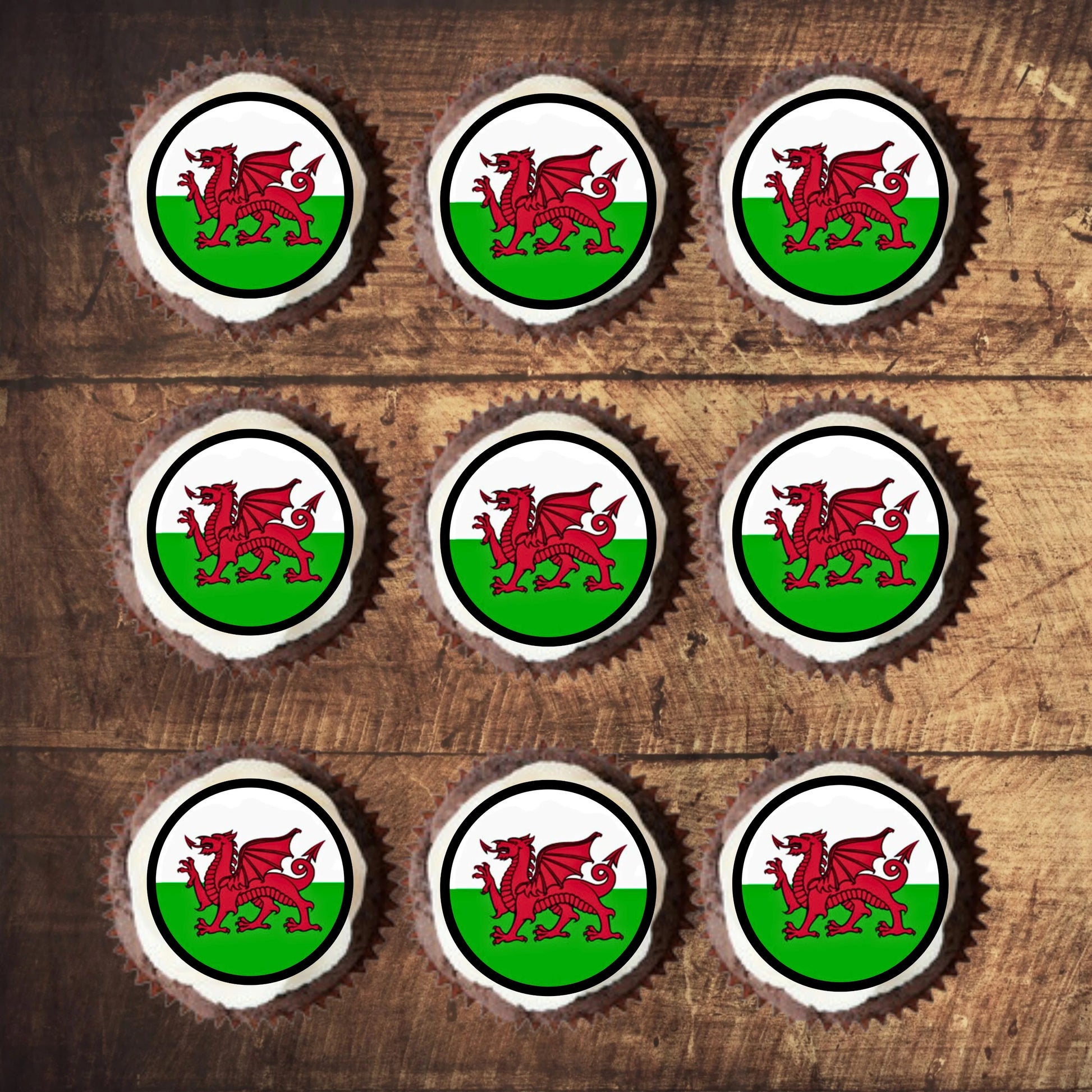 Welsh Dragon Round Edible Cupcake Toppers on chocolate cupcakes with white frosting