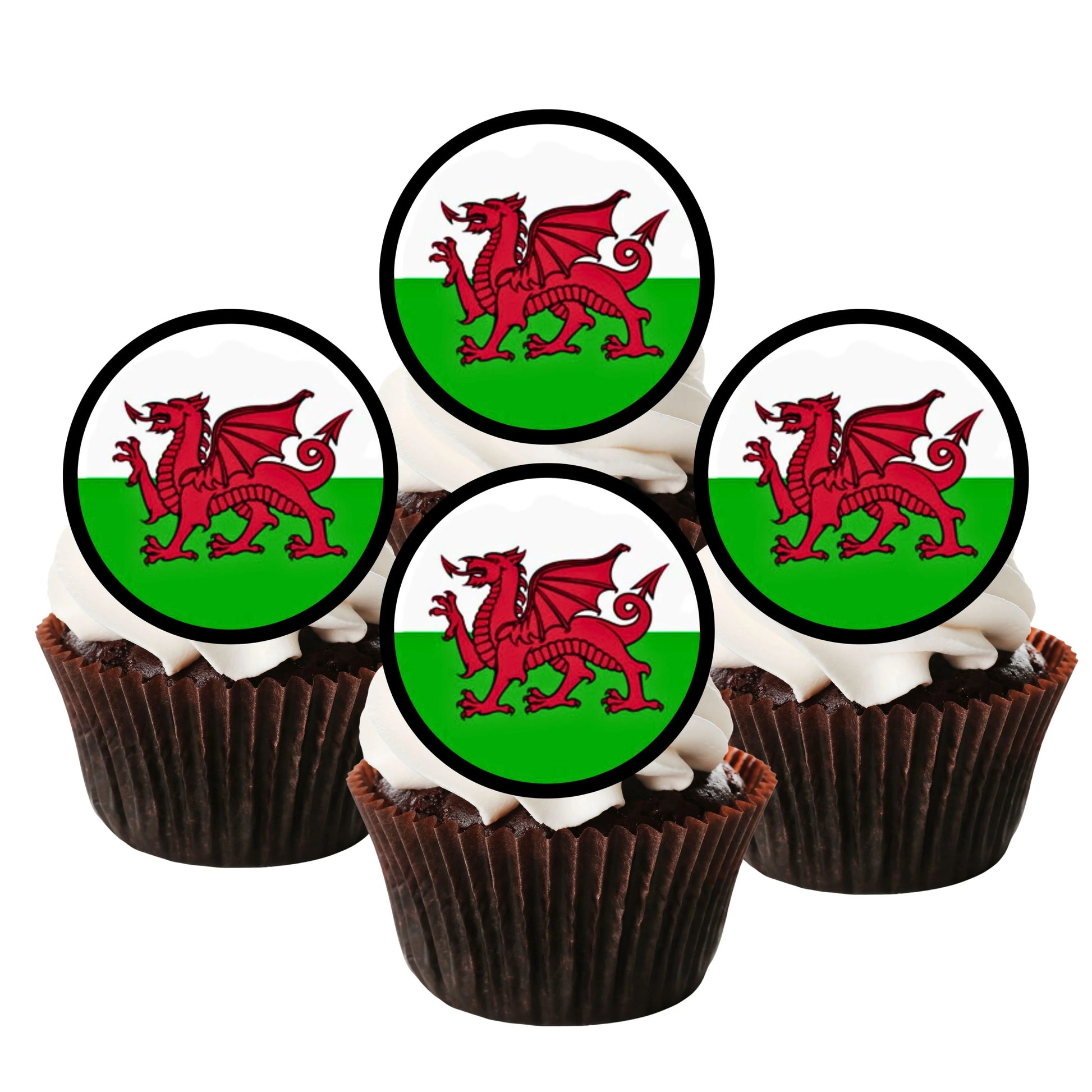 Welsh Dragon Round Edible Cupcake Toppers on chocolate cupcakes with white frosting 