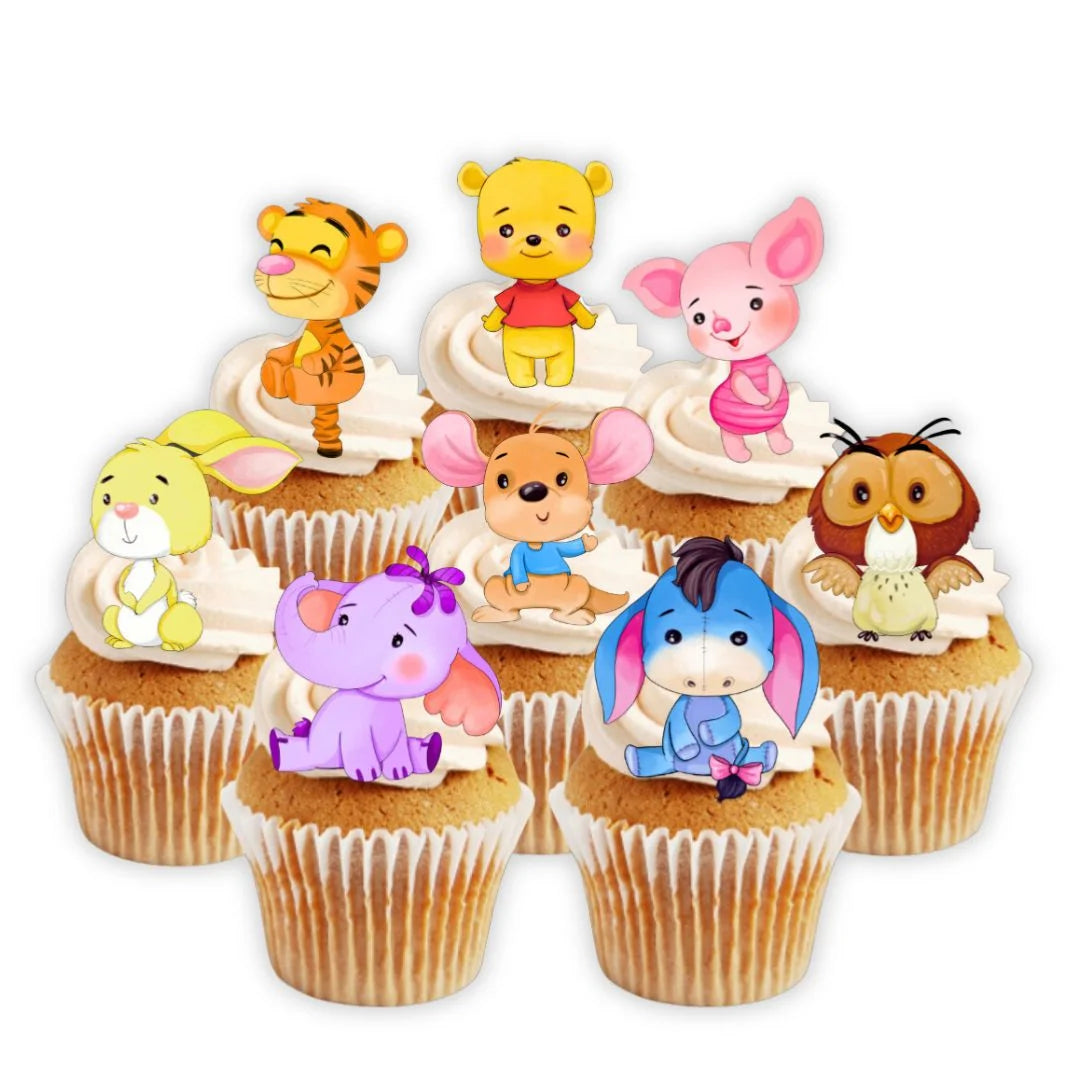 Winnie Theme Edible Cupcake Toppers on cupcakes with white frosting 