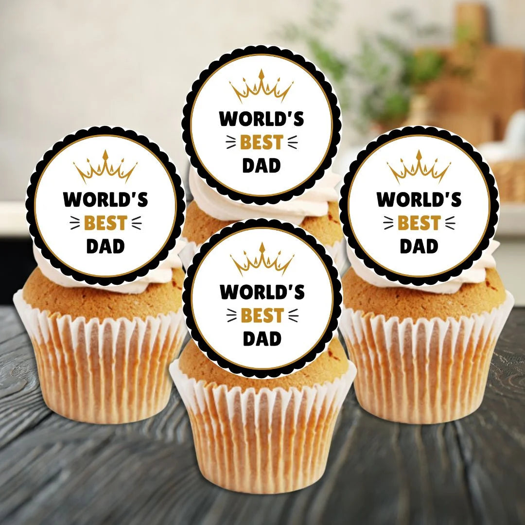 World's Best Dad Father's Day Cupcake Toppers on white frosted cupcakes