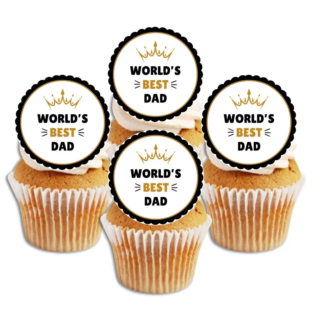 World's Best Dad Father's Day Cupcake Toppers on white frosted cupcakes