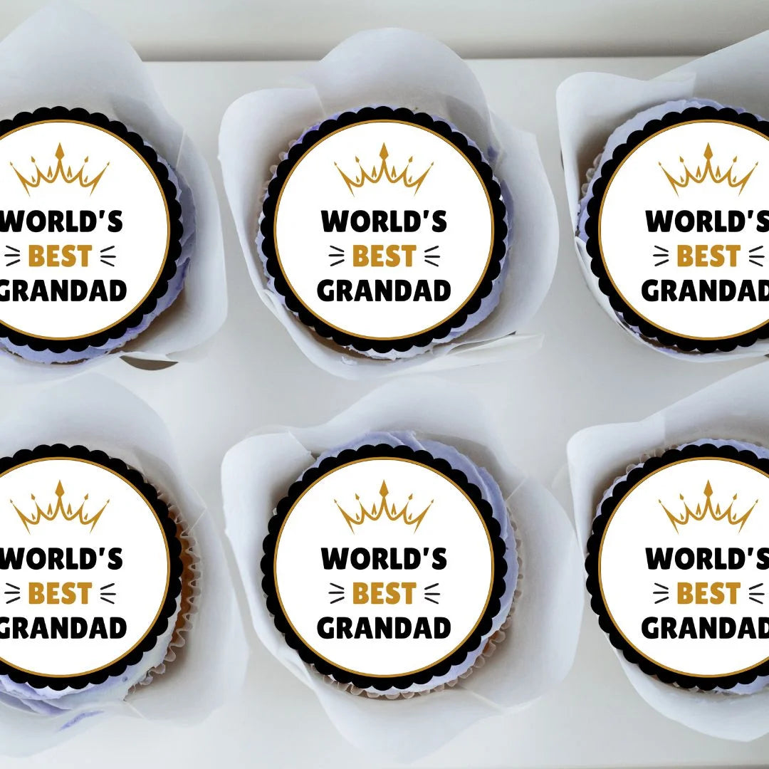 World's Best Grandad Edible Cupcake Toppers on frosted cupcakes 
