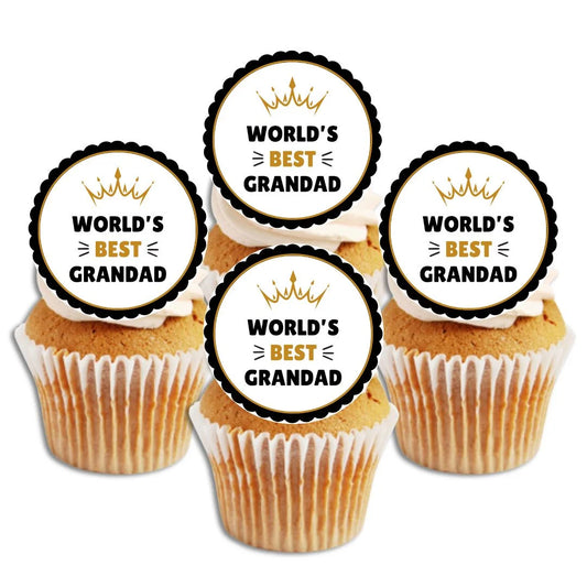 World's Best Grandad Edible Cupcake Toppers on white frosted cupcakes