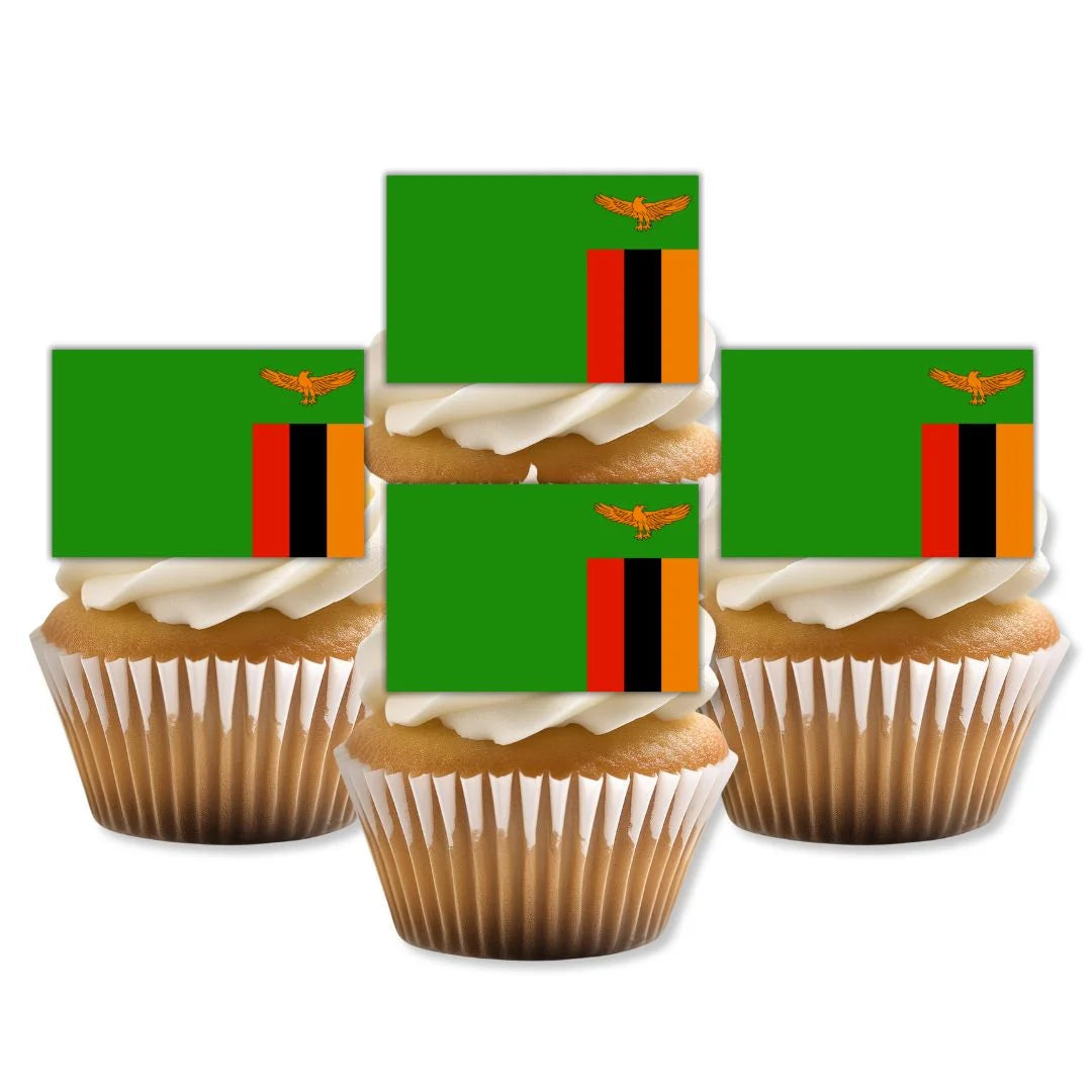 Zambia Flag Edible Cupcake Toppers on white frosted cupcakes